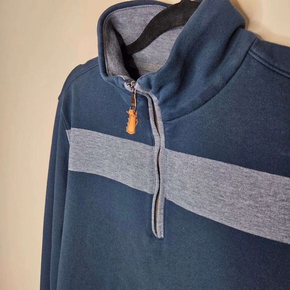 Banana Republic Mens Navy Blue Grey Striped Quarter Zip‎ Cotton Pullover Medium